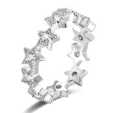 Imagem de Anel de estrela de prata com zircônia cúbica para mulheres, homens arranjados irregularmente, estrelas, joias hipoalergênicas, aliança de casamento para presente, Aço inoxidável, Zircônia cúbica