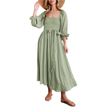 Imagem de Mulheres Vestido Casual Outono Cintura Alta Decote Quadrado Vestidos Longos Franzido 3/4 Mangas Praia Feriado, Light Green, XL