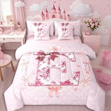 Imagem de Erosebridal Jogo de cama casal com laço floral rosa, 7 peças, coquete 3D, inicial E, para crianças, adolescentes, meninas, princesas, conjunto de edredom com laço, com lençóis, estética, rosa claro em