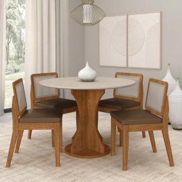 Imagem de Mesa Redonda Andria 4 Cadeiras Sextavadas Freijó/off/c.caramelo - M.a 