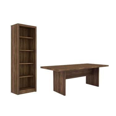 Imagem de Escritório com Mesa para Computador Simples Com Armário Prateleiras Portas Nogal - FdECOR