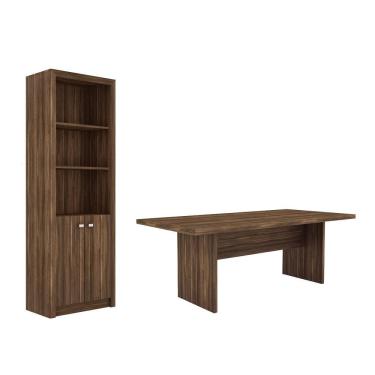 Imagem de Escritório com Mesa para Computador Simples Com Armário Pareteleira 2 Portas Nogal - FdECOR