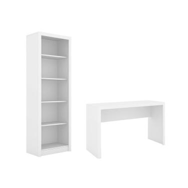 Imagem de Escritório com Mesa para Computador Simples Gavetas Com Armário Prateleiras Portas Branco - FdECOR