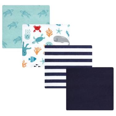 Imagem de Luvable Friends Hudson Baby, flanela, cobertores, 4 unidades, Ocean Pals, 28x28 inches