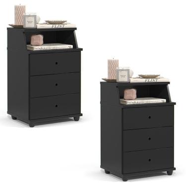 Imagem de Conjunto De 2 Mesa De Cabeceira Luxo New Com 3 Gavetas Preto Preto