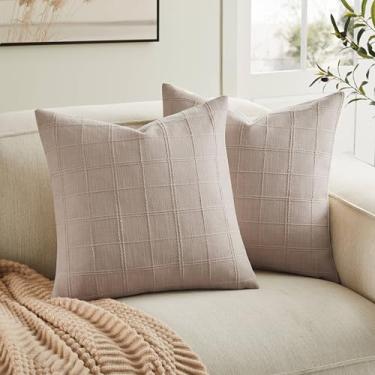 Imagem de ZeeMart Conjunto de 2 capas de almofada xadrez de linho, 55 x 55 cm, cinza-acinzentado/creme, decoração de casa de fazenda, grade de um lado, bordada, capas de almofada de sofá marrom claro de algodão