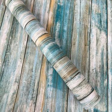 Imagem de Papel de parede autoadesivo de grão de madeira nostálgico 3D estilo francês decoração de casa parede de fundo PVC papel de parede azul e branco grão de madeira 45 * 500 cm