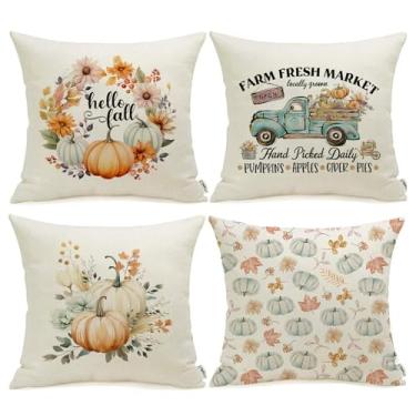 Imagem de Meekio Conjunto de 4 capas de travesseiro de outono 45,7 x 45,7 cm com estampa de caminhão de abóbora azul, decorações de outono para casa, presentes de Ação de Graças