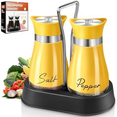 Imagem de Saleiro e pimenteiro, conjunto de saleiro e pimenteiro com suporte, alça galvanizada, dispensador de garrafa de vidro de aço inoxidável de 118 ml, para mesa, trailer, acampamento, churrasco (amarelo)