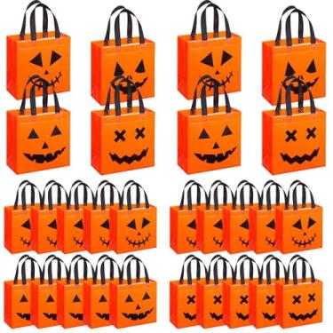 Imagem de Lincia 48 peças de saco de abóbora não tecido de Halloween 21,8 cm x 23 cm reutilizável para presente de doces ou travessuras para lembrancinhas de festa de Halloween