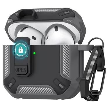 Imagem de Capa protetora rígida para AirPods 4 com trava segura, pop-up automática, proteção total, compatível com Apple AirPods 4ª geração 2024/2025 (cinza, preto, capa para Airpods 4)