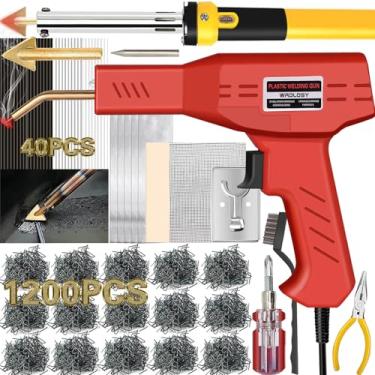 Imagem de Wrdlosy Soldador de plástico de 220 W, kit de solda de plástico com 40 hastes de grampo, 1200 peças, 5 em 1, pontas de soldagem, fita de lixa, suporte de malha de arame, escova de metal, chave de