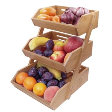 Imagem de PALM NAKI Cesta de frutas de bambu de 3 camadas - design de suporte resistente e atraente para economia de espaço, fácil montagem, circulação de ar aprimorada, exibição e armazenamento de cozinha