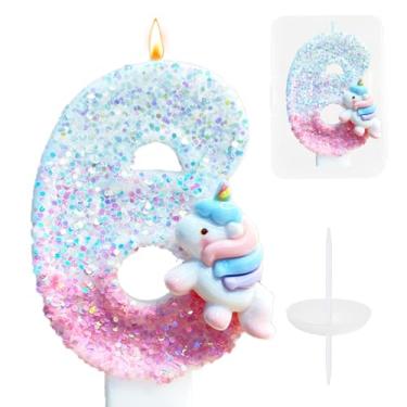 Imagem de Vela de bolo de aniversário de unicórnio, topo de bolo número 6 de unicórnio pastel, vela de aniversário de 6 anos, velas de feliz aniversário de 7 cm, topo de bolo para 6ª festa de meninas