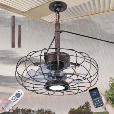 Imagem de KINGTORO Ventiladores de teto externos com luzes pretas, ventilador de teto impermeável de 38 cm, luz LED de 3 cores, 6 velocidades, altura ajustável, pendurado com gancho, ventilador de teto externo