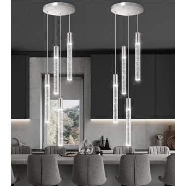 Imagem de 4 luzes retangulares de cristal pendentes para ilha de cozinha luz LED regulável lustres modernos luminárias para sala de jantar quarto luz de pendurar níquel