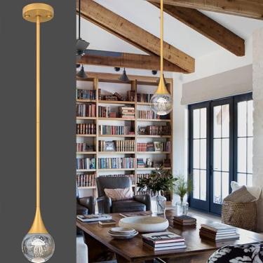 Imagem de 1 luminária pendente ilha de cozinha, bronze dourado globo cristal luzes penduradas no teto, luminárias de LED, haste de metal, teto de vidro, iluminação pendente para cozinha, ilha, sala de jantar