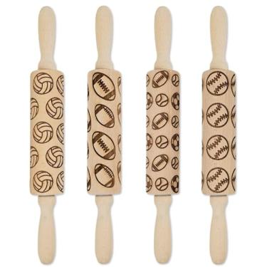 Imagem de Kuabiz Rolo de massa em relevo com 4 diferentes padrões esportivos de madeira para assar massa gravada profunda e rolo de argila para mulheres, presentes de panificação em relevo, utensílios de