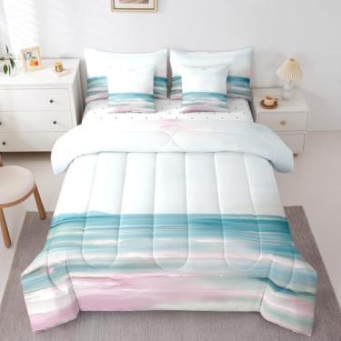 Imagem de Erosebridal Conjunto de edredom de praia abstrata, 7 peças, King, com pintura a óleo, rosa, oceano, mar, onda, lago, cama em uma bolsa, romântico, verão, paisagem natural, Havaí, conjunto de lençol