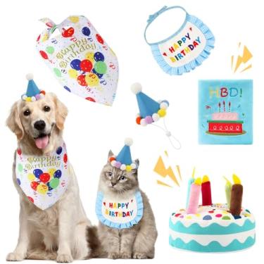Imagem de Conjunto de bandana de aniversário de cachorro com chapéu de festa e tapete de brinquedo de bolo estridente, presente para cães pequenos, médios e grandes (azul)
