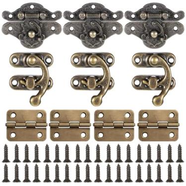 Imagem de Dobradiças pequenas para caixa de madeira, 18 conjuntos de dobradiças de caixa de joias retrô de bronze antigo, travas e ganchos com parafusos correspondentes para projetos de artesanato, armário