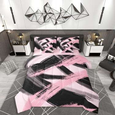 Imagem de Feelyou Jogo de cama Queen com edredom preto e rosa, geométrico, abstrato, 7 peças, moderno, minimalista, para meninos e meninas