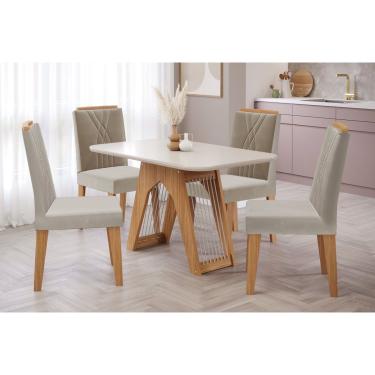 Imagem de Conjunto: Mesa de Cozinha Carol Tampo Madeirado c/ Vidro 130x80cm e 4 Cadeiras Nicole Nature-Madeirado/Off White-Suede Nude Bege - Cimol