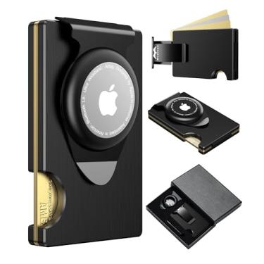 Imagem de Apple Airtag Carteira masculina fina: carteira de metal com 2 clipes de dinheiro substituíveis conjunto de caixa de presente para marido masculino no aniversário Brithday, Preto, Smart Wallet