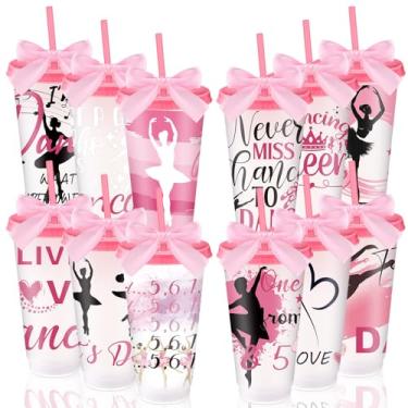 Imagem de Geyoga 12 peças de presentes de agradecimento de dançarinos a granel para mulheres 680 g copo de plástico para dança de balé reutilizável com tampa laço de fita de palha para presente de equipe de