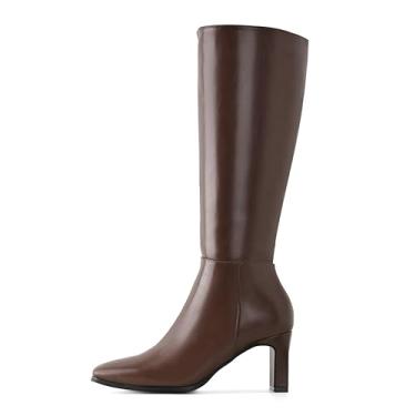 Imagem de Shoe'N Tale Botas femininas de cano alto, salto grosso, bico quadrado, com zíper lateral, Marrom, 37