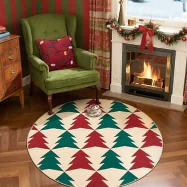 Imagem de jinchan Tapete redondo de Natal para entrada, quarto, 1,2 m, círculo, para sala de estar, estampado, vermelho, verde, árvore de Natal, 1,2 m, decoração de inverno, tapete lavável para hall de entrada