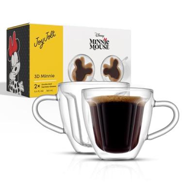 Imagem de JoyJolt Copos de café Disney Minnie Mouse 3D de parede dupla, canecas de vidro pequenas de 153 g com alças, conjunto de 2 xícaras de café, copos transparentes isolados para chá de cappuccino expresso