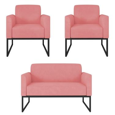 Imagem de Kit Namoradeira e 2 Poltronas Decorativas Base Industrial Preta Maressa S17 Suede Rosê - Ibiza