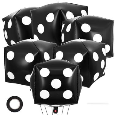Imagem de 6 balões grandes de dados pretos, balões de folha de cubo de 61 cm, decorações de festa de dados, balão de alumínio Mylar de dados infláveis 4D para crianças, adultos, artigos de festa de jogos de