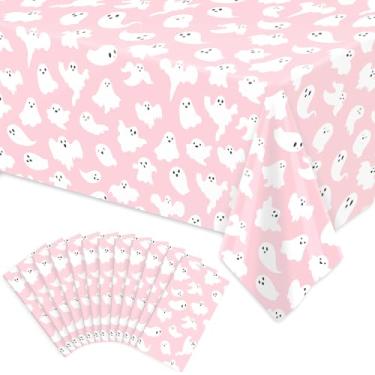 Imagem de FYSUIMU 12 toalhas de mesa de plástico para Halloween, branco, rosa, fantasma, descartável, toalha de mesa, retangular, para decoração de festa de Halloween, 137 x 272 cm