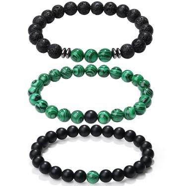 Imagem de XIANNVXI Conjunto de pulseiras masculinas com contas de pedra natural de 3/4 peças, 8 mm, olho de tigre, pedra vulcânica, obsidiana, cristal preto, contas elásticas para homens e mulheres, joias