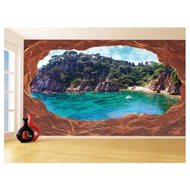 Imagem de Papel De Parede 3D Praia Mar Caverna Pedras Céu 3,5M Npr295