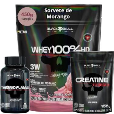 Imagem de Kit Whey 100% HD Refil Gourmet 450g + Creatina Monohidratada Turbo 150g + Termogênico Thermo Flame 60 caps- Combo Ganho de Massa Muscular (450g, Whey Sorvete de Morango)