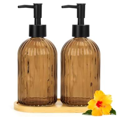 Imagem de Conjunto de dispensador de sabão de cozinha com bandeja de madeira, dispensador de sabão de vidro com bomba de plástico, conjunto de mão e prato para decoração de banheiro (âmbar)
