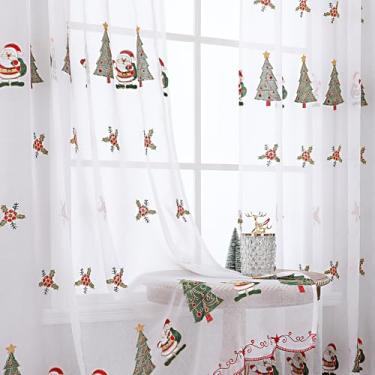 Imagem de Cortinas transparentes de Natal bordadas para sala de estar, quarto, vermelho dourado verde árvore Papai Noel, conjuntos de 2 painéis (vermelho, 132 cm L x 182 cm C)