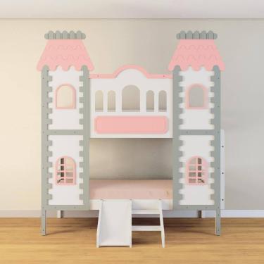Imagem de Beliche Castelo Encantado com Kit Escada/Escorregador - Madeira Maciça Branco/Cinza/Rosa | Housin