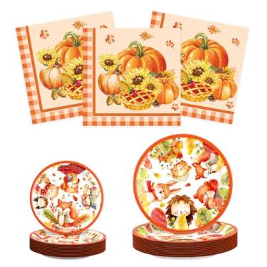 Imagem de hhdatc Conjunto de pratos e guardanapos de Ação de Graças para festa de outono animais descartáveis pratos de papel sobremesa talheres para 16 convidados