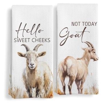 Imagem de Qeheb Conjunto de 2 toalhas de mão engraçadas de cabra, decoração de banheiro Hello Sweet Cheeks, presentes de cabra, toalhas de mão decorativas de fazenda rústica para banheiro banheiro decoração de