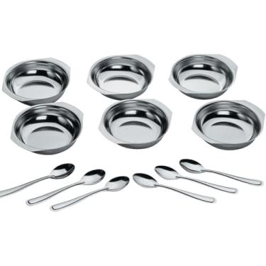 Imagem de Conjunto de Sobremesa em Aço Inox – 6 Tigelas Rasas com 6 Colheres | Resistentes, Higiênicas e Elegantes – Ideal para Servir Sorvetes, Mousses e Frutas