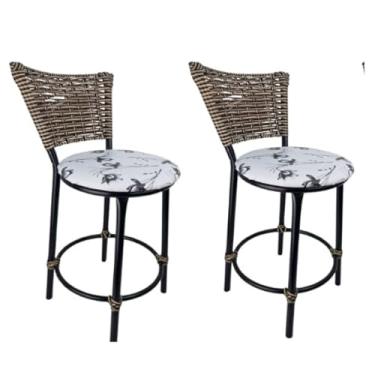 Imagem de Banqueta Baixa com Encosto em Junco e Assento em Napa – Estrutura em Aço Preto 7/8 | Design Moderno e Confortável | Ideal para Cozinhas, Bares e Varandas | Suporta até 120kg (Branco Floral)