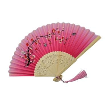Imagem de Leque de Madeira Oriental Japonês Ventilador de Mão Estampado Chique(0013 Rosa borboletas Cerejeira)