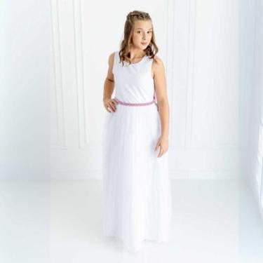 Imagem de Vestido Infantil Longo Branco com Tule e Cinto Rose Daminha Casamento 