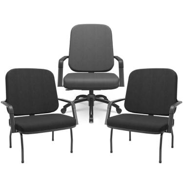 Imagem de Kit Cadeira de Escritório Giratória e 2 Cadeiras Fixas Preta Magno P03 Crepe Preto - Lyam Decor