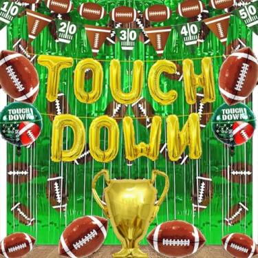 Imagem de Decorações de festa de futebol - Bandeira de balões de letras douradas, serpentina de fundo verde com balão de folha de troféu, suprimentos de festa de dia de jogo de aniversário de futebol (verde)