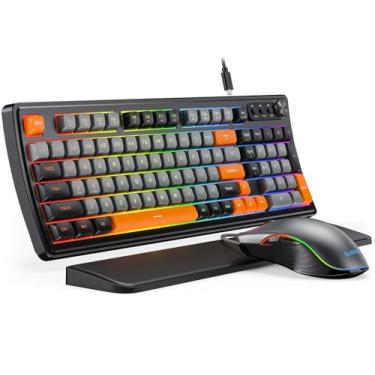 Imagem de SABLUTE Teclado e mouse para jogos com fio, teclado mecânico retroiluminado RGB para jogos, botão multimídia e descanso de pulso ergonômico de couro premium anti-fantasma para jogos, acessórios 3 em 1